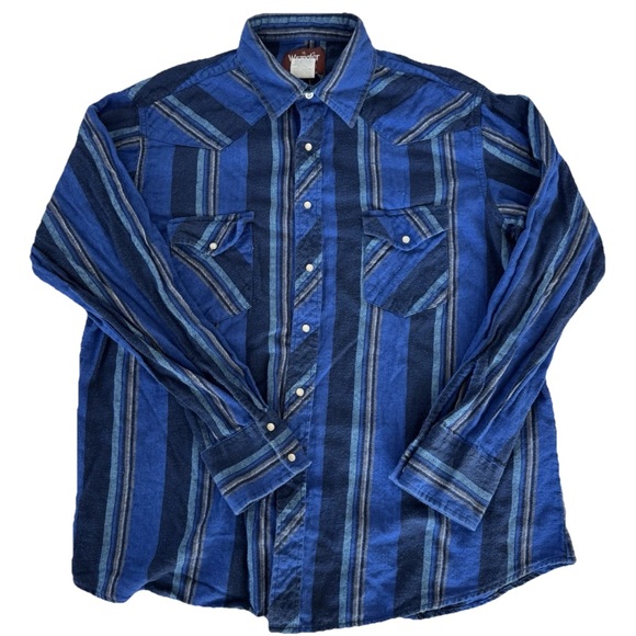 Wrangler Western Flannel Shirt XL Blue Striped Pearl Snap Y2K Rodeo Cowboy VTG - Picture 1 of 9